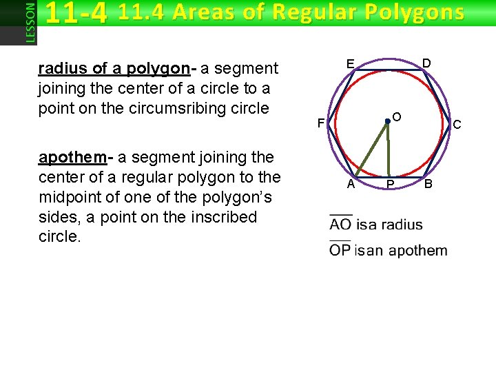 LESSON 11 -4 11. 4 Areas of Regular Polygons radius of a polygon- a