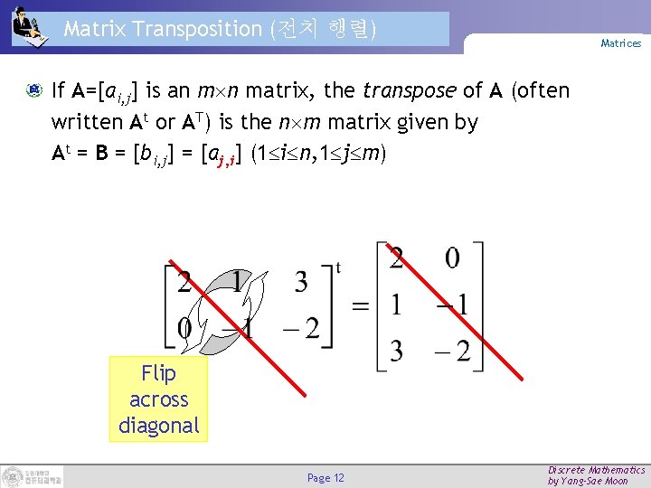 Matrix Transposition (전치 행렬) Matrices If A=[ai, j] is an m n matrix, the