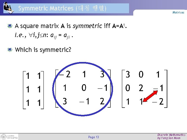 Symmetric Matrices (대칭 행렬) Matrices A square matrix A is symmetric iff A=At. I.