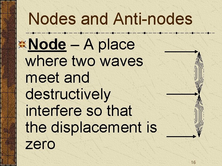 Nodes and Anti-nodes Node – A place where two waves meet and destructively interfere