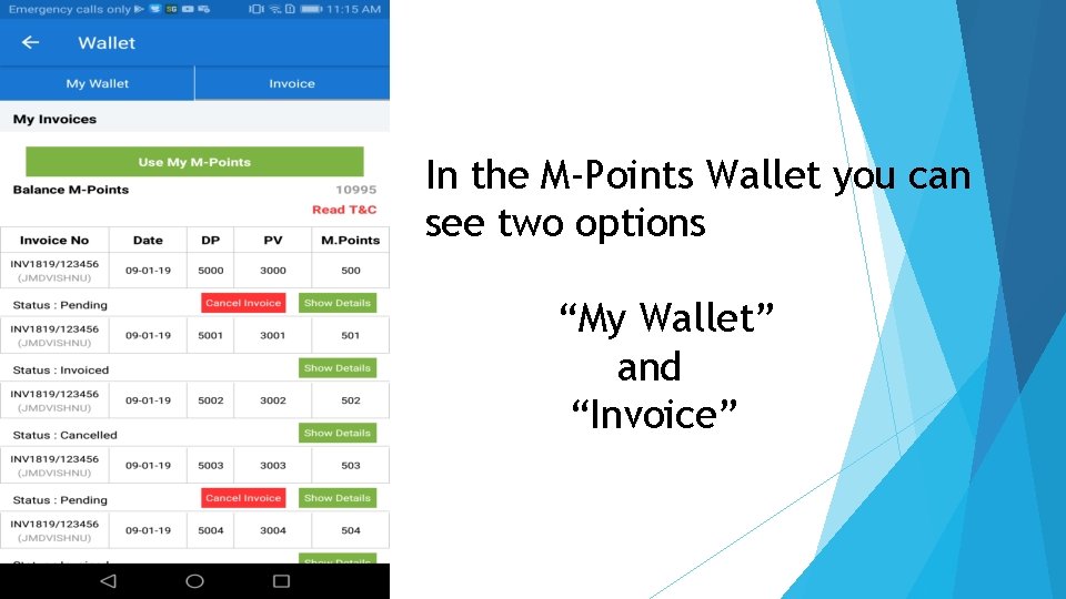 In the M-Points Wallet you can see two options “My Wallet” and “Invoice” 