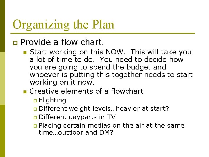 Organizing the Plan p Provide a flow chart. n n Start working on this