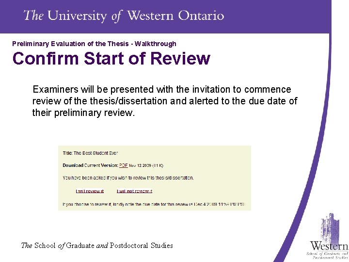 Preliminary Evaluation of the Thesis - Walkthrough Confirm Start of Review Examiners will be