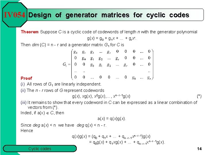 IV 054 Design of generator matrices for cyclic codes Theorem Suppose C is a