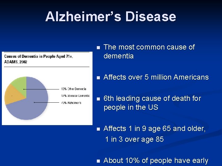 Alzheimer’s Disease n The most common cause of dementia n Affects over 5 million