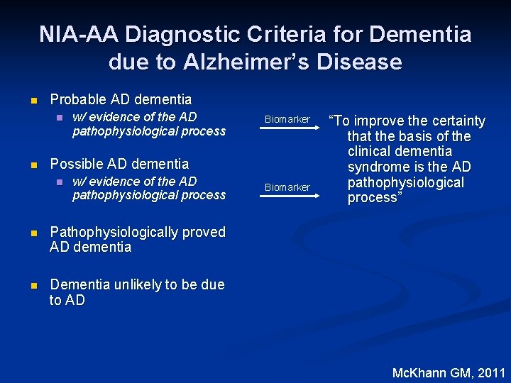 NIA-AA Diagnostic Criteria for Dementia due to Alzheimer’s Disease n Probable AD dementia n