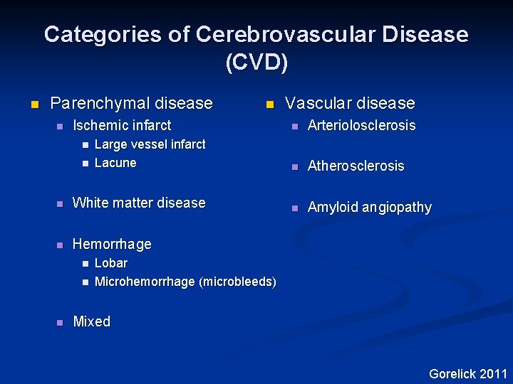 Categories of Cerebrovascular Disease (CVD) n Parenchymal disease n n Arteriolosclerosis Large vessel infarct