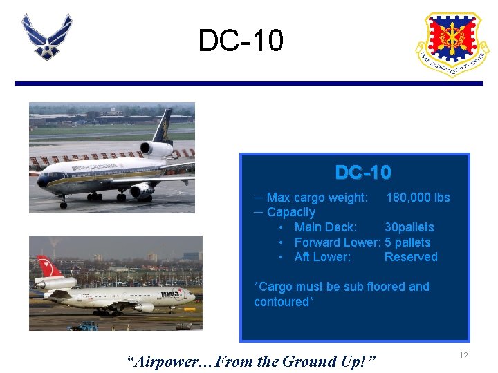 DC-10 ─ Max cargo weight: 180, 000 lbs ─ Capacity • Main Deck: 30