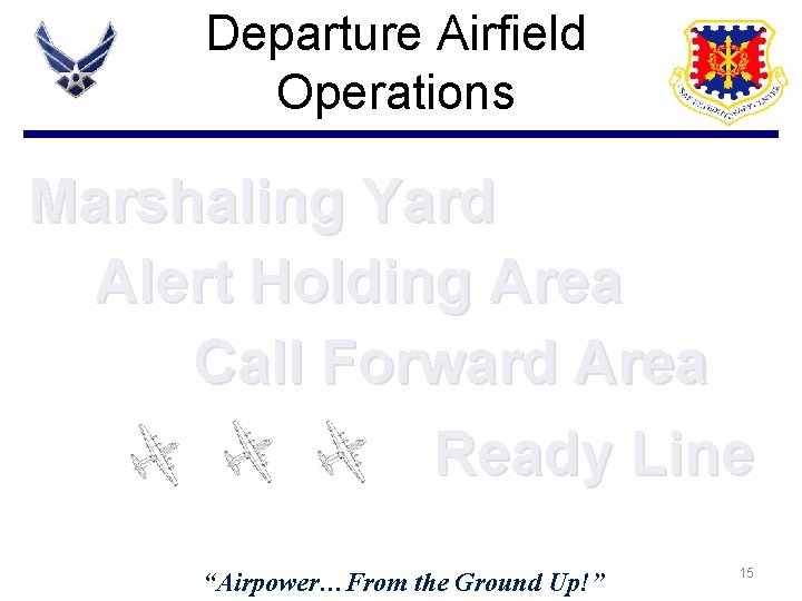 Departure Airfield Operations Marshaling Yard Alert Holding Area Call Forward Area Ready Line “Airpower…From