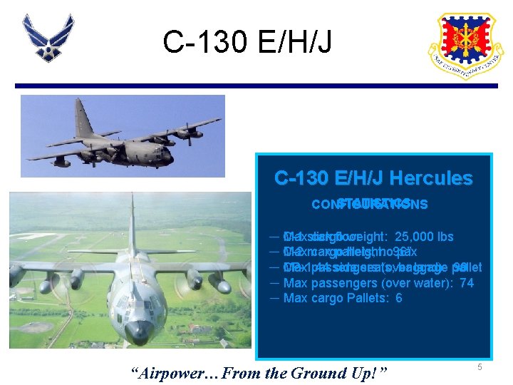 C-130 E/H/J Hercules STATISTICS CONFIGURATIONS ─ C-1 Maxslick cargo floor weight: 25, 000 lbs