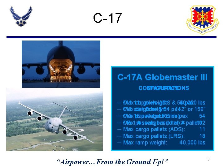 C-17 A Globemaster III CONFIGURATIONS STATISTICS ─ C-1 Max 11 cargo pallets weight: ADS C-17 A Globemaster III CONFIGURATIONS STATISTICS ─ C-1 Max 11 cargo pallets weight: ADS