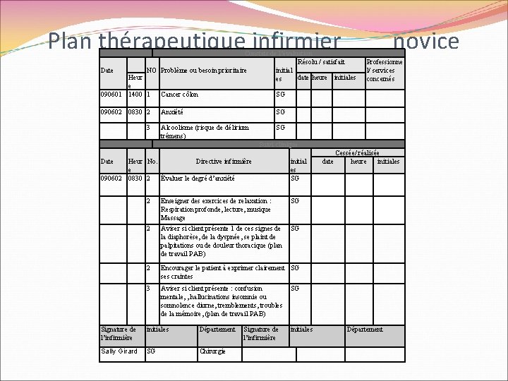 Plan thérapeutique infirmier novice Constats de l’évaluation Résolu / satisfait Date NO Problème ou Plan thérapeutique infirmier novice Constats de l’évaluation Résolu / satisfait Date NO Problème ou