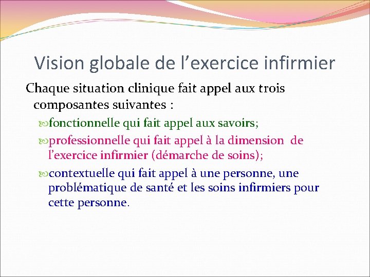 Vision globale de l’exercice infirmier Chaque situation clinique fait appel aux trois composantes suivantes Vision globale de l’exercice infirmier Chaque situation clinique fait appel aux trois composantes suivantes