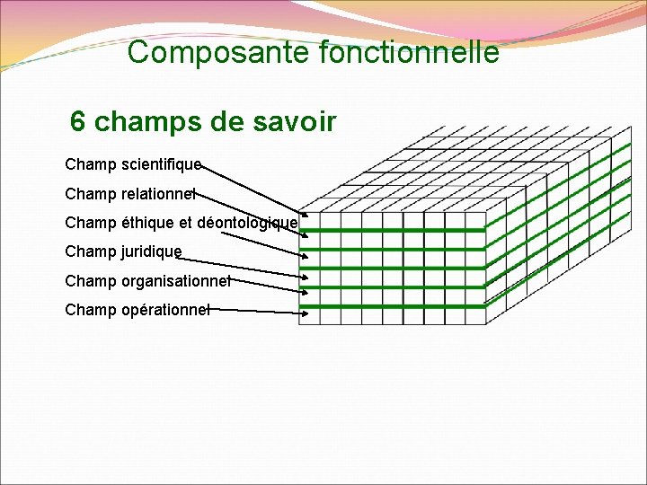 Composante fonctionnelle 6 champs de savoir Champ scientifique Champ relationnel Champ éthique et déontologique