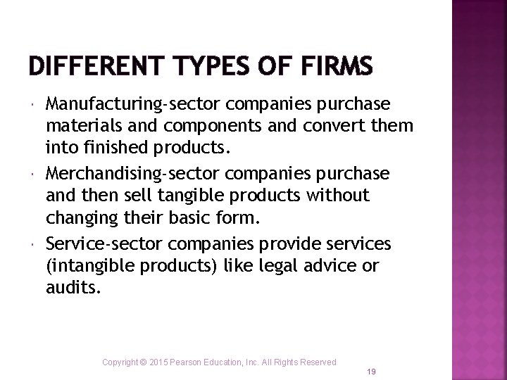 DIFFERENT TYPES OF FIRMS Manufacturing-sector companies purchase materials and components and convert them into