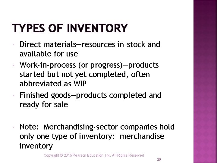 TYPES OF INVENTORY Direct materials—resources in-stock and available for use Work-in-process (or progress)—products started