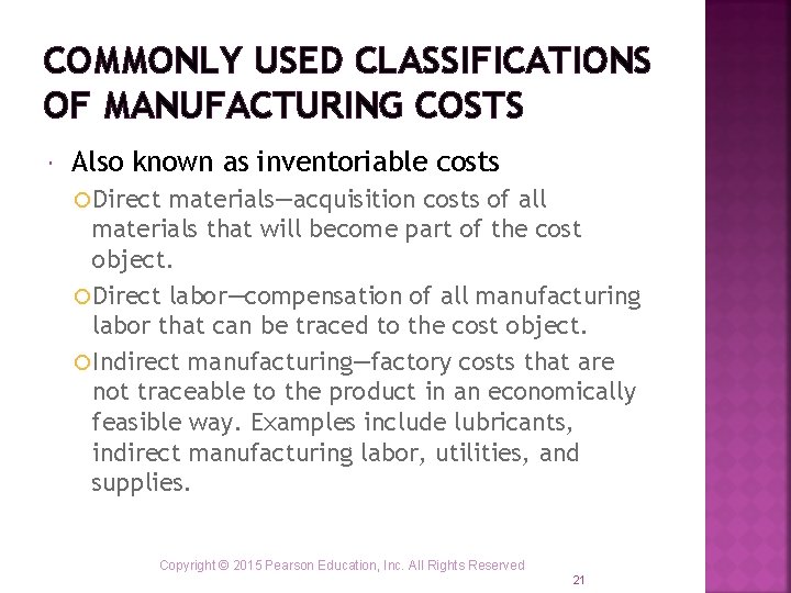 COMMONLY USED CLASSIFICATIONS OF MANUFACTURING COSTS Also known as inventoriable costs Direct materials—acquisition costs