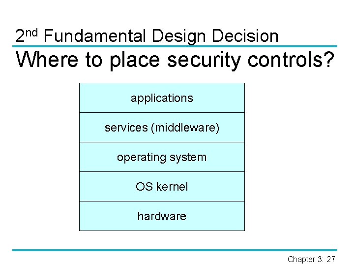 2 nd Fundamental Design Decision Where to place security controls? applications services (middleware) operating