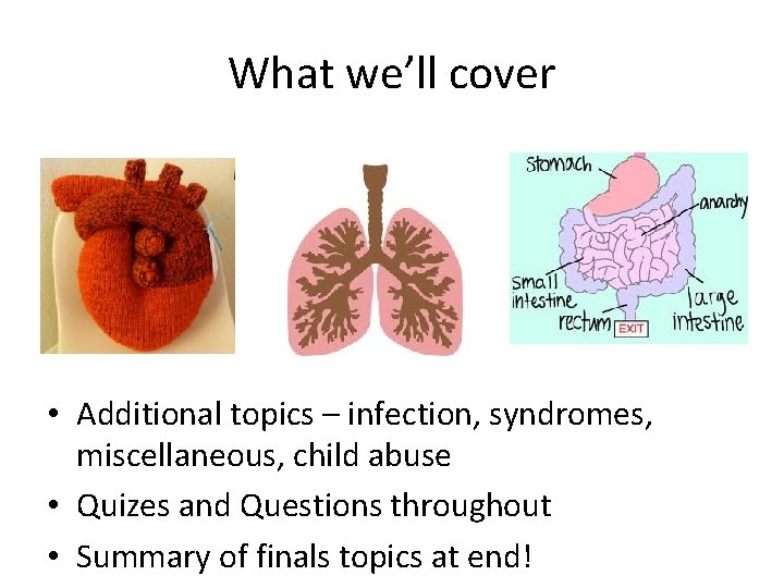 What we’ll cover • Additional topics – infection, syndromes, miscellaneous, child abuse • Quizes