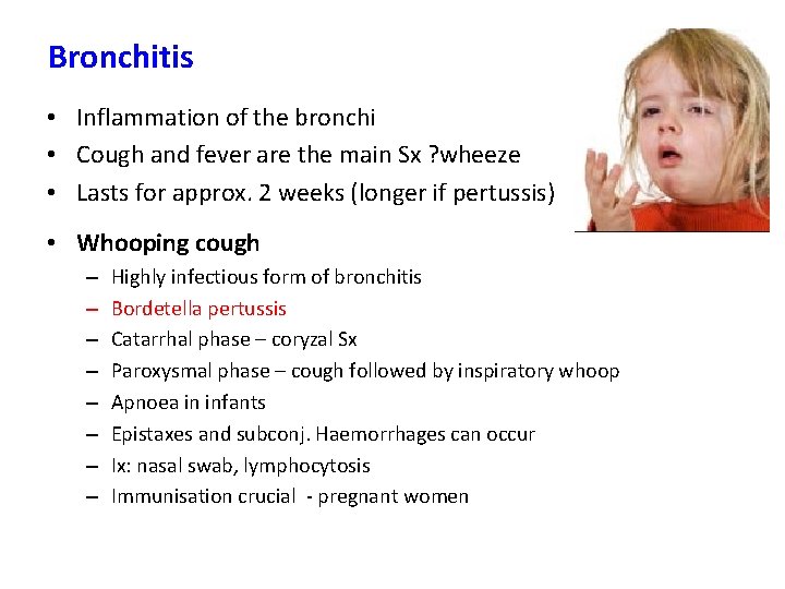 Bronchitis • Inflammation of the bronchi • Cough and fever are the main Sx