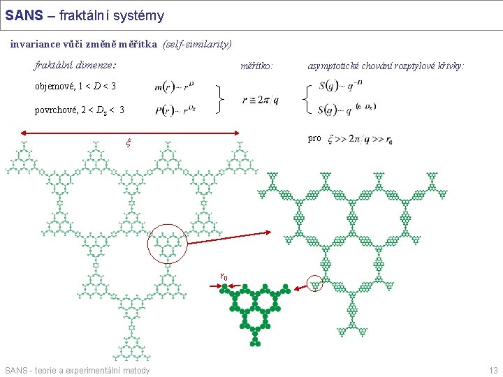 SANS – fraktální systémy invariance vůči změně měřítka (self-similarity) fraktální dimenze: měřítko: asymptotické chování