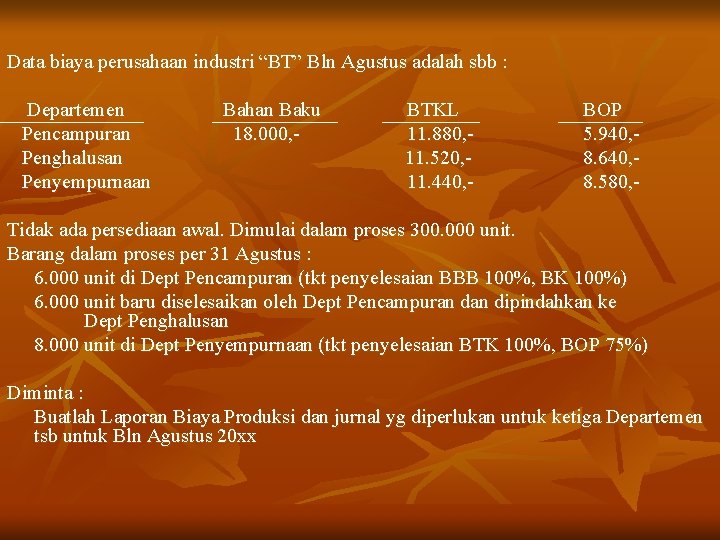 Data biaya perusahaan industri “BT” Bln Agustus adalah sbb : Departemen Pencampuran Penghalusan Penyempurnaan