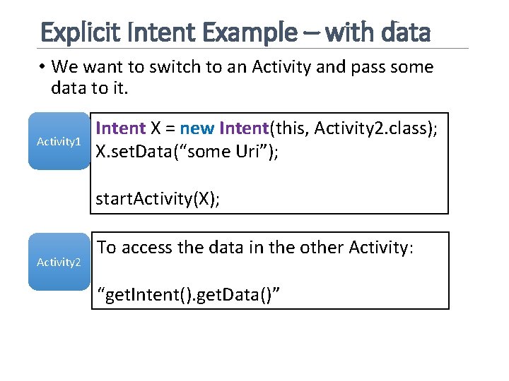 Explicit Intent Example – with data • We want to switch to an Activity