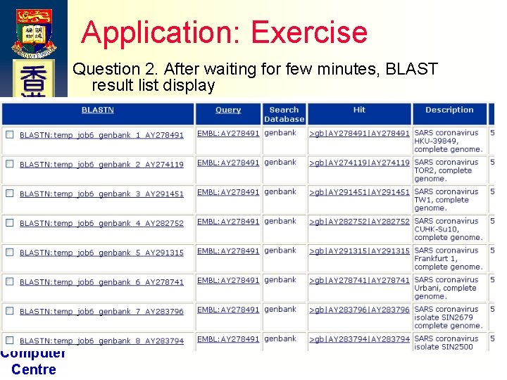 Application: Exercise Question 2. After waiting for few minutes, BLAST result list display H Application: Exercise Question 2. After waiting for few minutes, BLAST result list display H