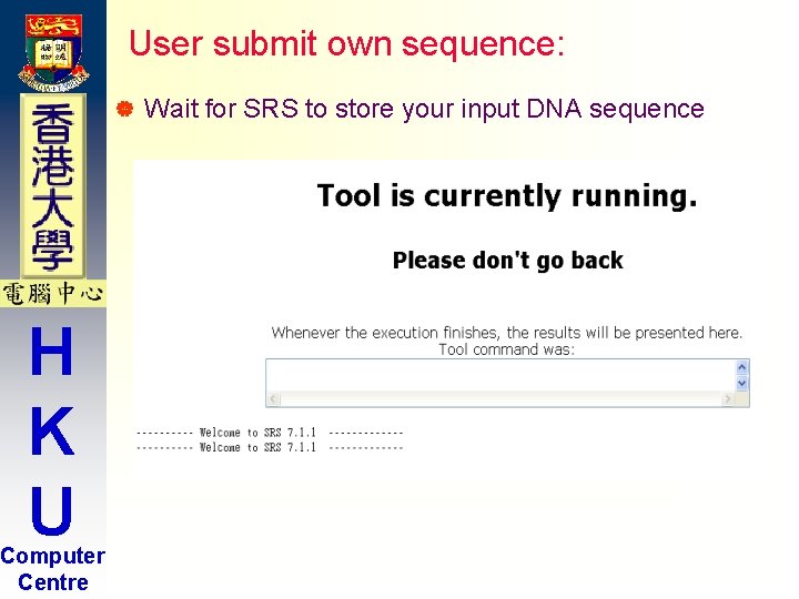 User submit own sequence: | H K U Computer Centre Wait for SRS to User submit own sequence: | H K U Computer Centre Wait for SRS to