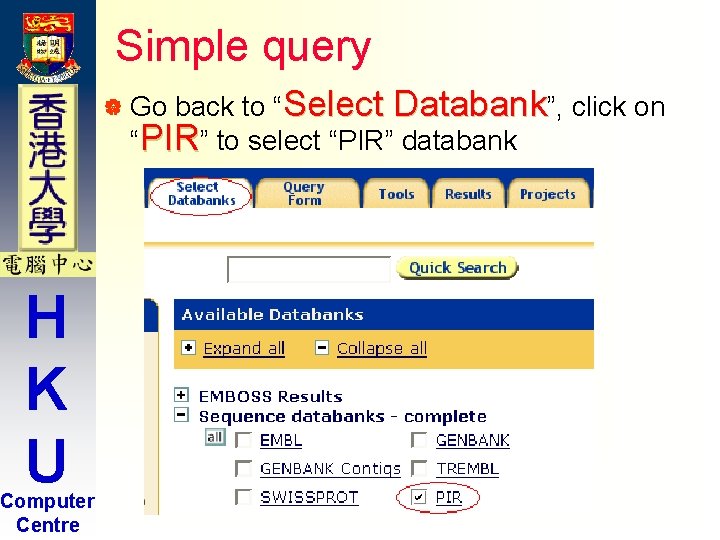 Simple query back to “Select Databank”, click on “PIR” to select “PIR” databank | Simple query back to “Select Databank”, click on “PIR” to select “PIR” databank |