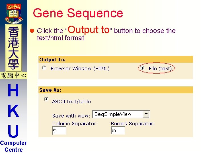 Gene Sequence | H K U Computer Centre Click the “Output text/html format to” Gene Sequence | H K U Computer Centre Click the “Output text/html format to”