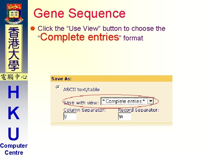 Gene Sequence | H K U Computer Centre Click the “Use View” button to Gene Sequence | H K U Computer Centre Click the “Use View” button to