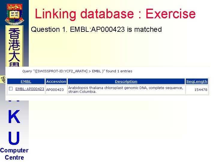 Linking database : Exercise Question 1. EMBL: AP 000423 is matched H K U Linking database : Exercise Question 1. EMBL: AP 000423 is matched H K U