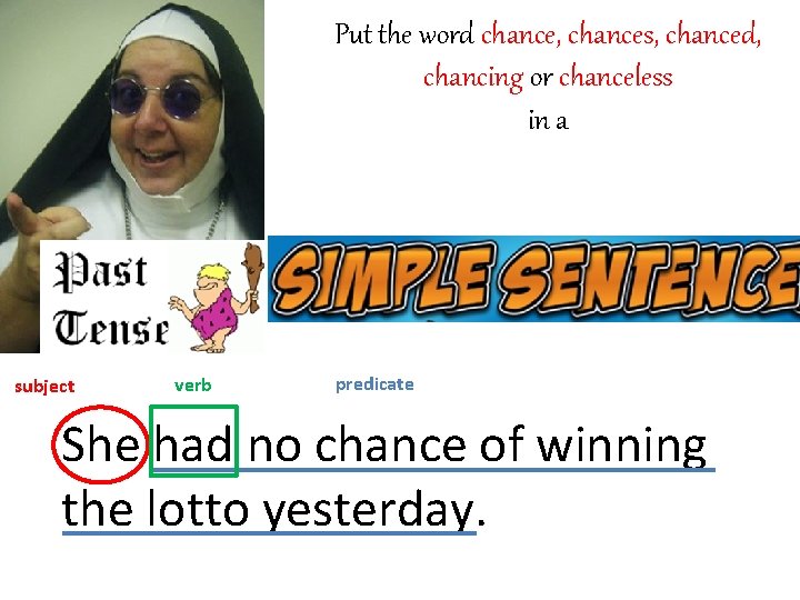 Put the word chance, chances, chanced, chancing or chanceless in a subject verb predicate