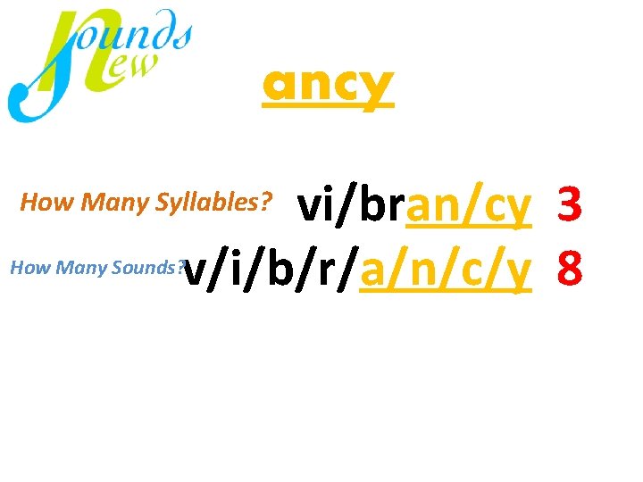 ancy vi/bran/cy 3 mi v/i/b/r/a/n/c/y 8 virus just How Many Syllables? How Many Sounds?