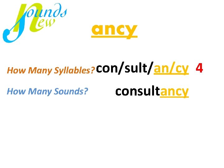 ancy How Many Syllables? con/sult/an/cy 4 mi / nus consultancy 4 virus just 