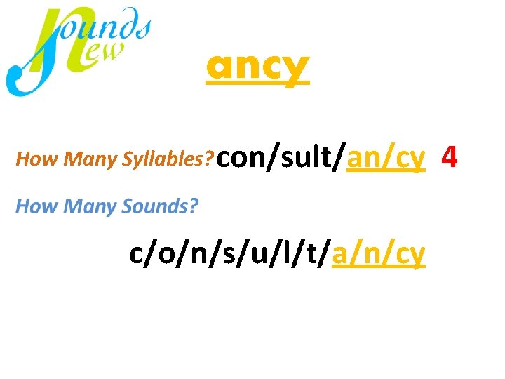 ancy How Many Syllables? con/sult/an/cy 4 mi / nus c/o/n/s/u/l/t/a/n/cy 4 virus just 