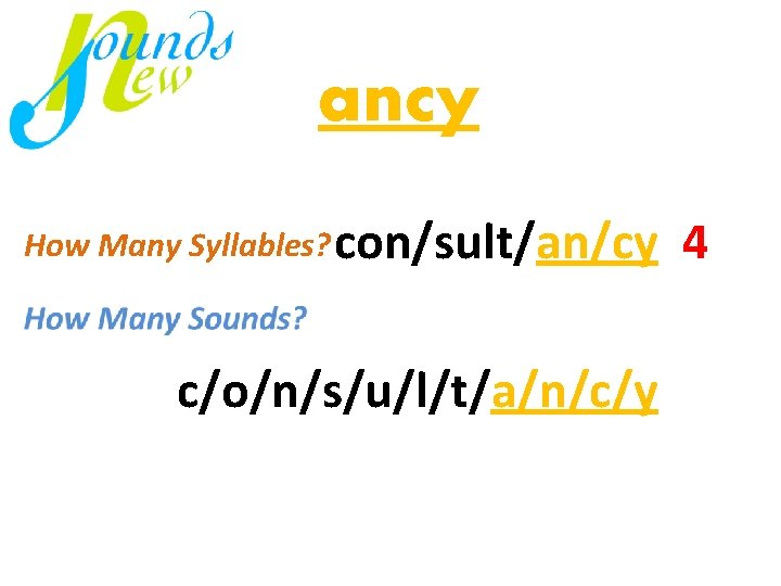 ancy How Many Syllables? con/sult/an/cy 4 mi / nus c/o/n/s/u/l/t/a/n/c/y 4 virus just 