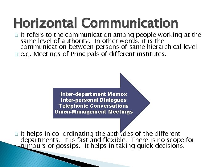 Horizontal Communication � � It refers to the communication among people working at the