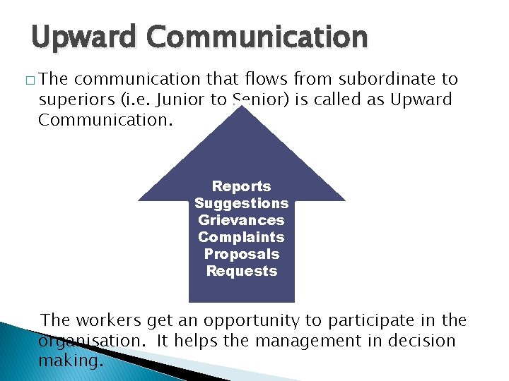 Upward Communication � The communication that flows from subordinate to superiors (i. e. Junior