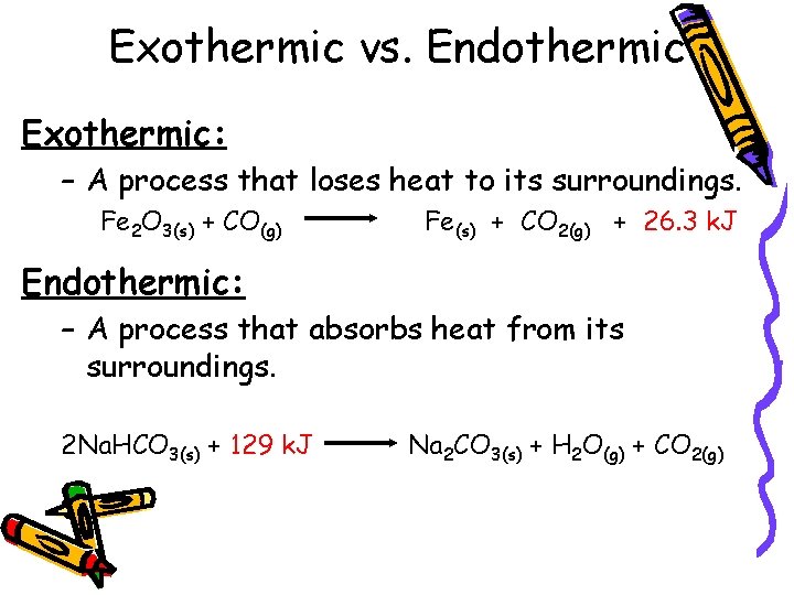 Exothermic vs. Endothermic Exothermic: – A process that loses heat to its surroundings. Fe