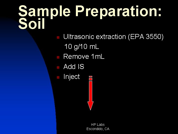 Sample Preparation: Soil n n Ultrasonic extraction (EPA 3550) 10 g/10 m. L Remove