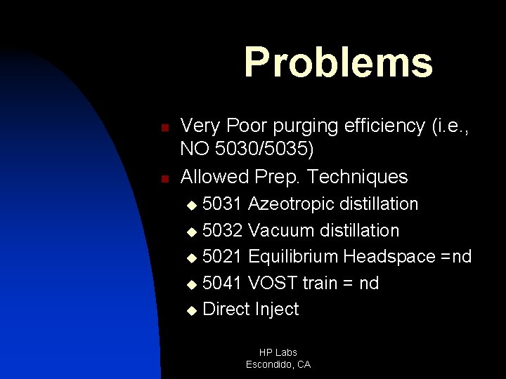 Problems n n Very Poor purging efficiency (i. e. , NO 5030/5035) Allowed Prep.