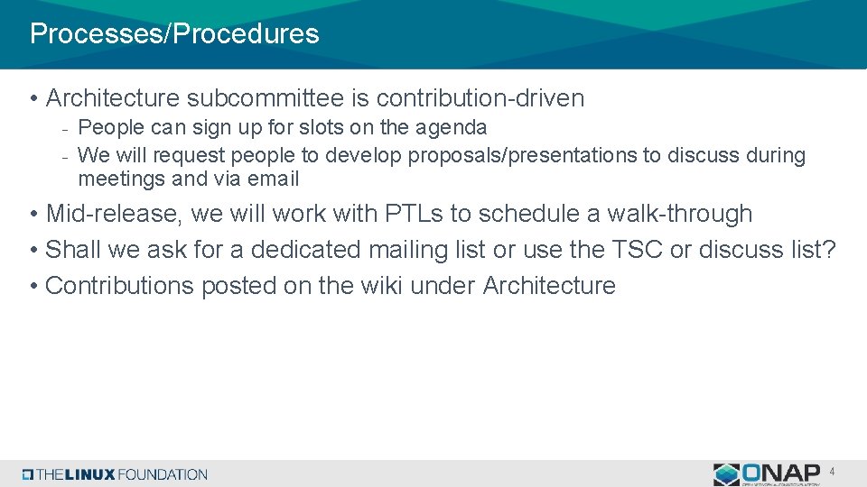 Processes/Procedures • Architecture subcommittee is contribution-driven - People can sign up for slots on