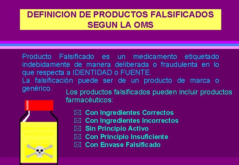 DEFINICION DE PRODUCTOS FALSIFICADOS SEGUN LA OMS Producto Falsificado es un medicamento etiquetado indebidamente