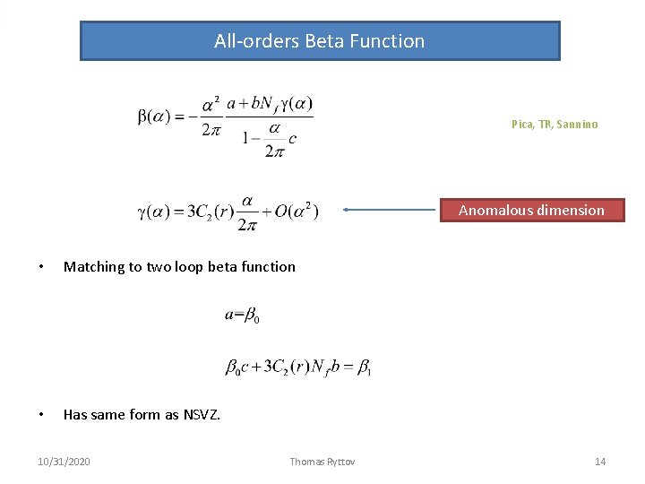 All-orders Beta Function Pica, TR, Sannino Anomalous dimension • Matching to two loop beta All-orders Beta Function Pica, TR, Sannino Anomalous dimension • Matching to two loop beta