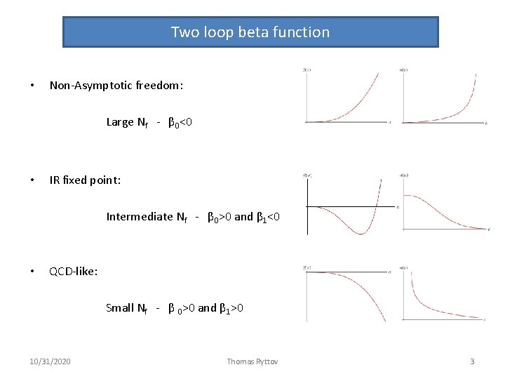 Two loop beta function • Non-Asymptotic freedom: Large Nf - β 0<0 • IR Two loop beta function • Non-Asymptotic freedom: Large Nf - β 0<0 • IR