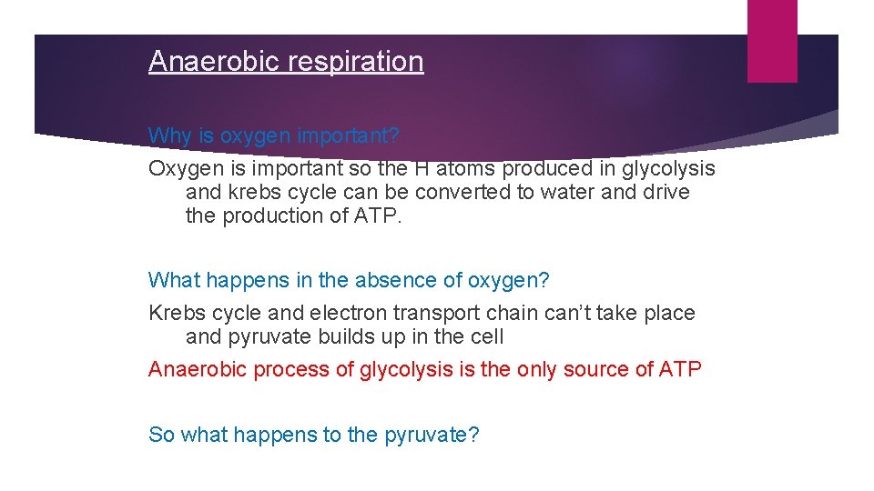 Anaerobic respiration Why is oxygen important? Oxygen is important so the H atoms produced Anaerobic respiration Why is oxygen important? Oxygen is important so the H atoms produced