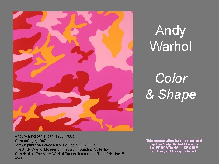 Andy Warhol Color & Shape Andy Warhol (American, 1928 -1987) Camouflage, 1987 screen prints Andy Warhol Color & Shape Andy Warhol (American, 1928 -1987) Camouflage, 1987 screen prints