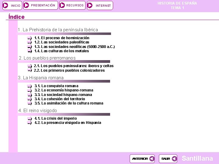INICIO PRESENTACIÓN RECURSOS INTERNET HISTORIA DE ESPAÑA TEMA 1 Índice 1. La Prehistoria de